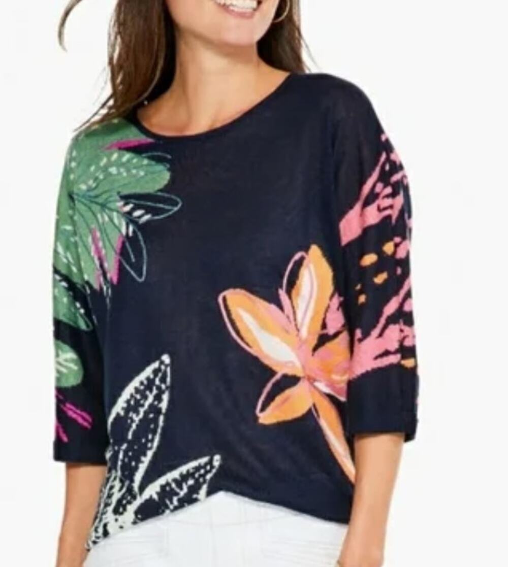 NIC+ZOE Evening Garden Sweater Womens Small Linen Modal Blend Lightweight Floral